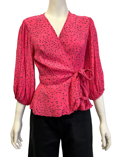 Size 10 - Ganni Pink and Black Floral Wrap Top